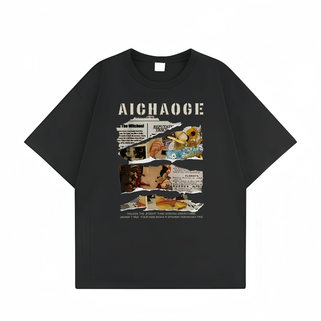 Baju Kaos Wanita Kaos Oblong Oversize Lengan Pendek Kolase Koran Sobek Bunga Matahari Vintage Tulisa