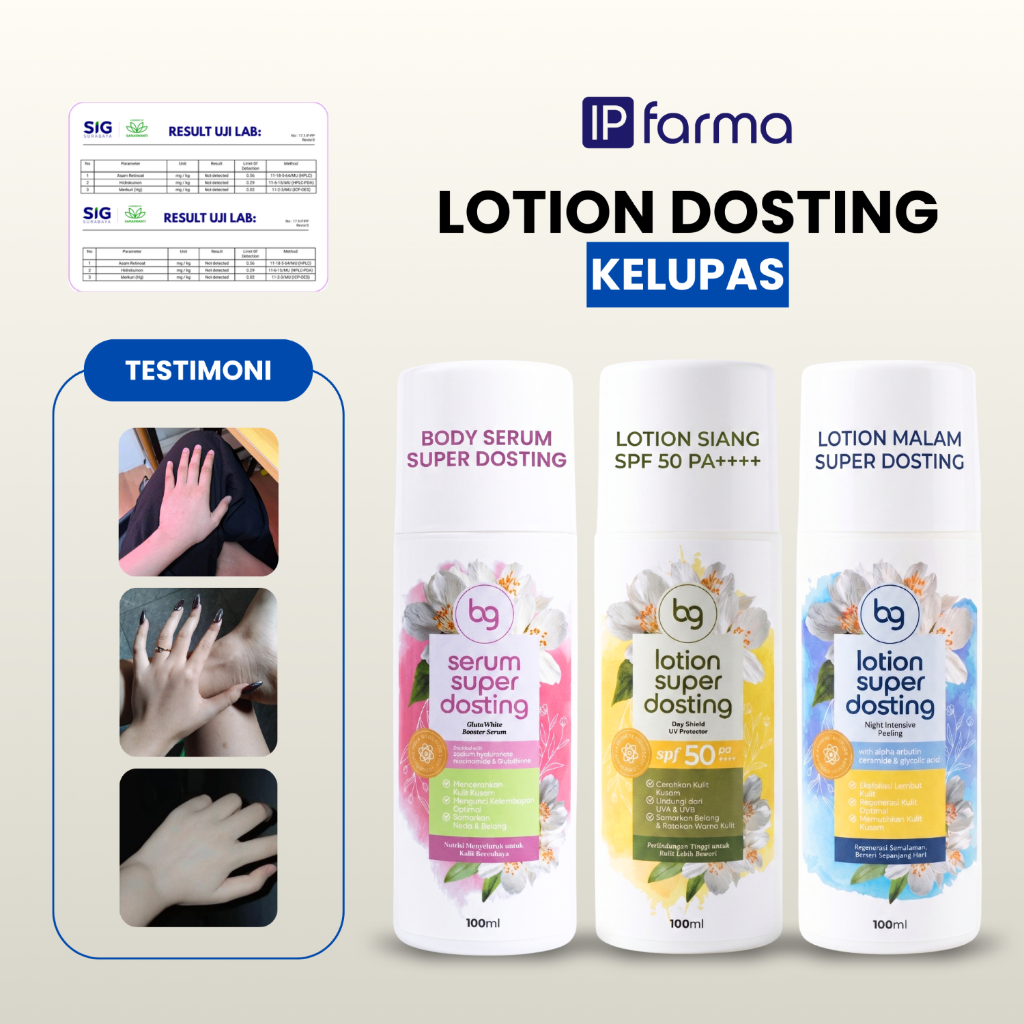 BG Lotion Super Dosting Kelupas Alpha Arbutin SPF 50 PA++++ & Ceramide Paket Lengkap Whitening BPOM 