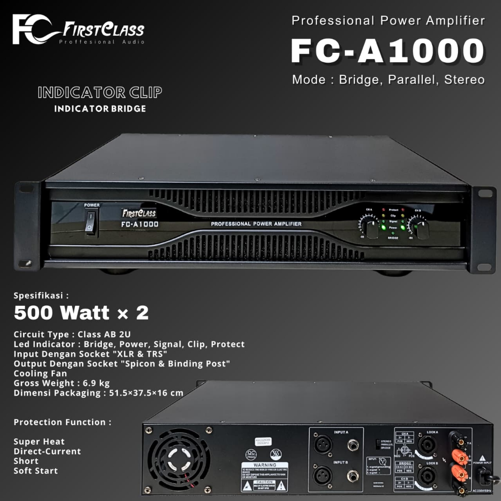 Professional Power Amplifier Firstclass FC A1000 2 Channel Kelas AB | Power Amplifier FC A 1000