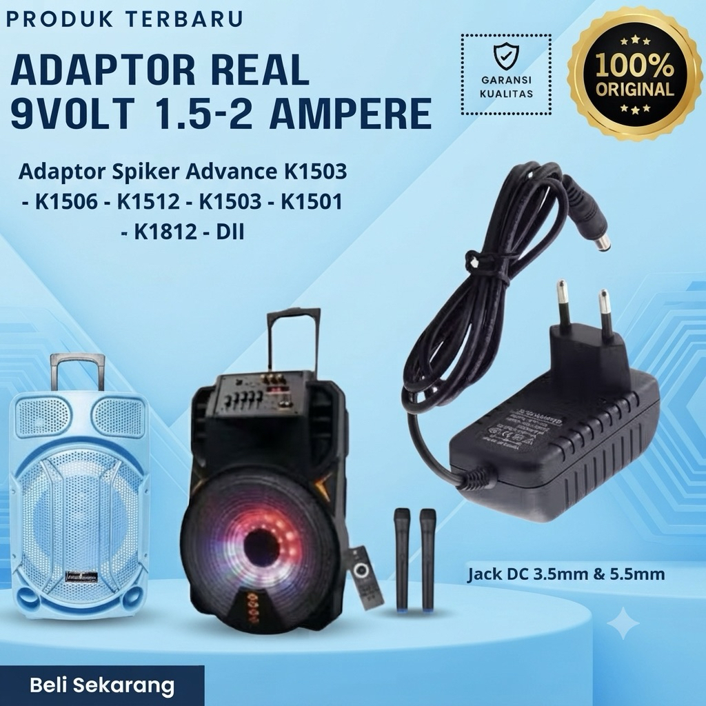 100% ORIGINAL TERMURAH Adaptor charger cas speaker portabel meting Advance 9V 1.5A - 9V 2A untuk ser