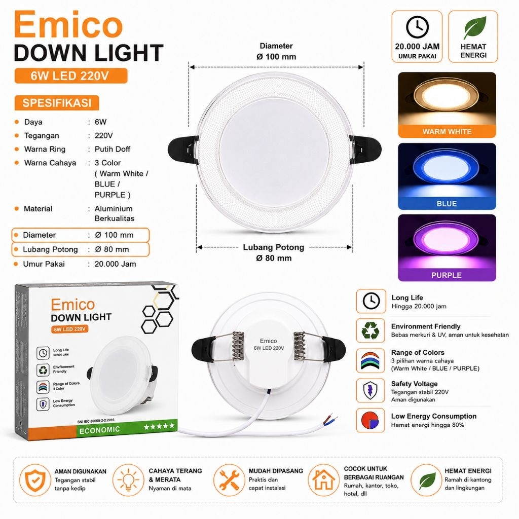 EMICO DOWNLIGHT LAMPU LED 6W 6 Watt 3 Warna Panel Light Extrabright SNI BERKUALITAS TERJAMIN