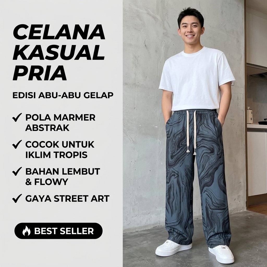 Celana Kulot Pria Panjang Loose Fit Motif Marmer Abstrak Premium - Celana Panjang Cowok Baggy Pants 
