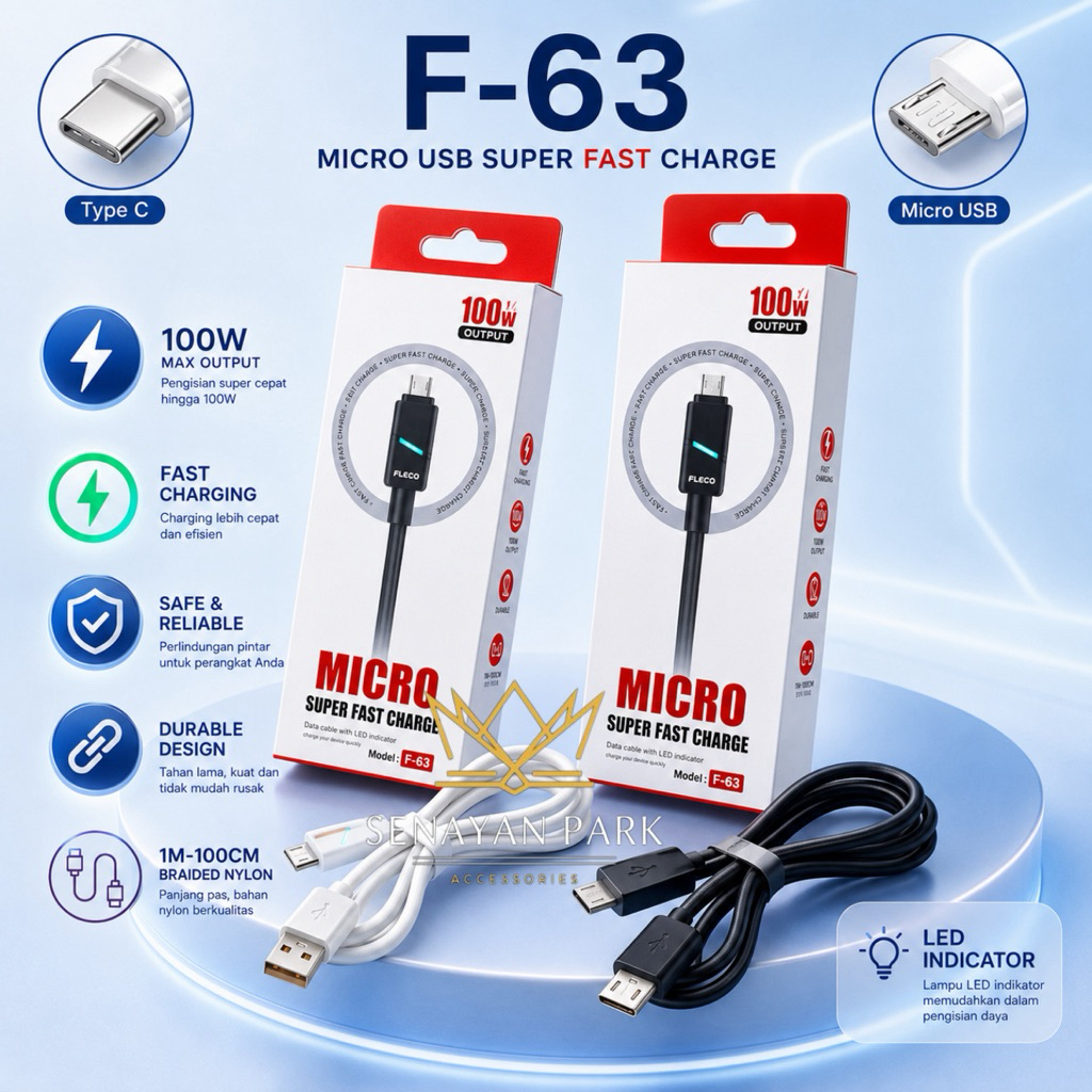 Fleco F-63 Kabel Data LED Light Super Fast Charging 100W 6A Micro / Type C [SEN]