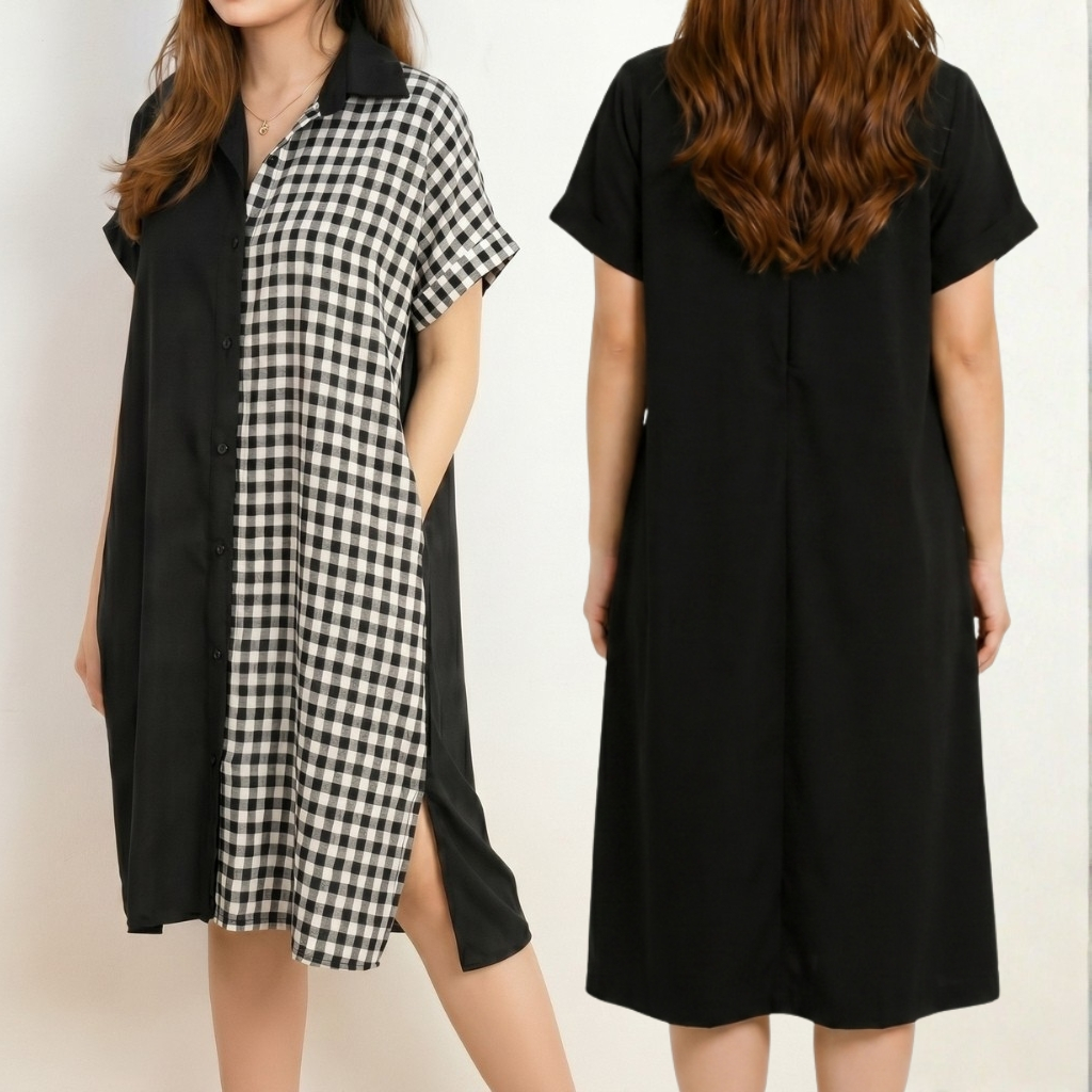 Daster Wanita Jumbo Kombinasi Polos Kotak Kotak Kerah Kemeja Kancing Depan All Size Fit XXL LD 130 D