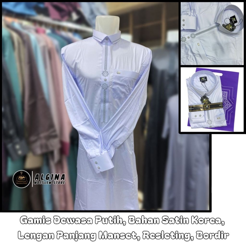 Gamis Al Wafa Putih Bordir Lengan Panjang Manset & Cuff Bahan Satin Korea Resleting | Jubah Muslim L