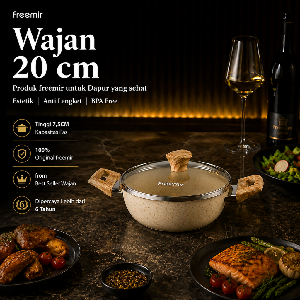 [PREMIUM] freemir Premium 20 Cm Wajan Panci Lapisan Marble Granit Anti Lengket Tutup Kaca Original