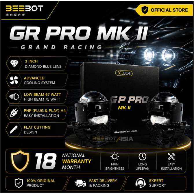 BEEBOT HEADLAMP PROJECTOR 3INCH - GR PRO MK II PNP H4, Hi-Low 67-75W Garansi 18 Bulan