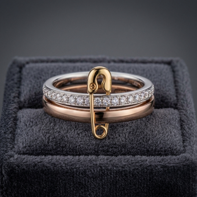 Cincin Safety Pin Elegan Zircon Premium | Cincin Peniti Suasa Kuningan Asli Lapis Emas | Gold Rosego