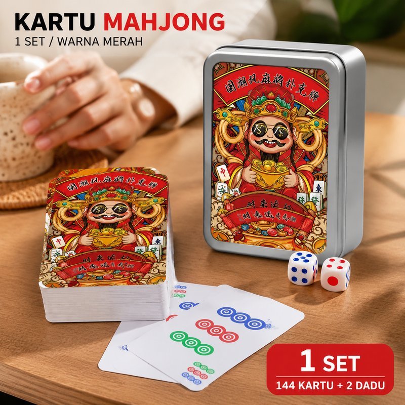 Mahjong Kertas Portable Kartu Mahjong 144 Lembar Kotak Besi Tahan Air Lengkap Dadu Traveling