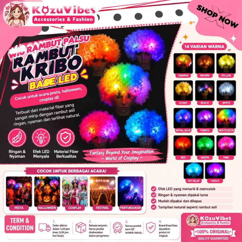 KozuVibes Wig Rambut Palsu Rambut Kribo Base LED