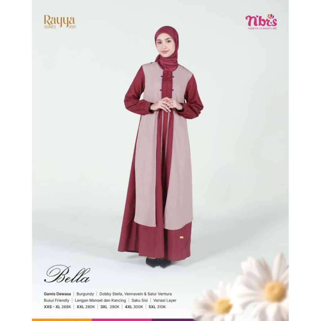 BELLA GAMIS DEWASA BURGUNDY NIBRAS/DRES PEREMPUAN/BAJU MUSLIM PEREMPUAN NIBRAS/DRES KONDANGAN SIMPLE