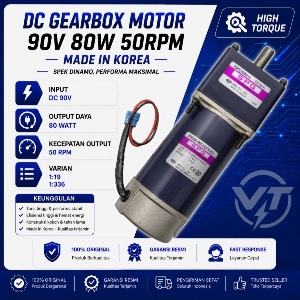 Dinamo Motor DC Gearbox SPG 1:19 50Rpm 90V 80W 955RPM High Torsi Made in Korea