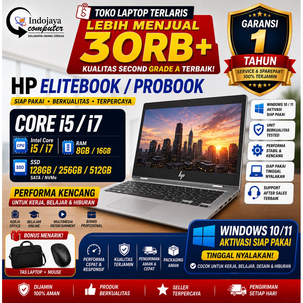 Laptop HP Core i5 / Core i7 Second RAM 8GB SSD 256GB Mulus Original Bergansi
