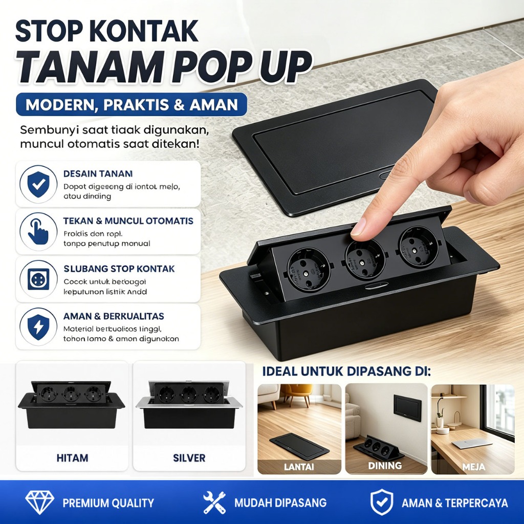 COD Stop Kontak Meja Meeting Tanam 3 Soket Pop-up 3lubang Desktop Tertanam Stopkontak Floor/Desk out