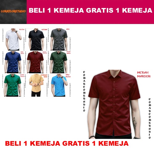 BELI 1 GRATIS 1 Shirt Jumbo Big SIze Kemeja Pria Hem Cowok 1 Kantong Saku Lengan Pendek Polos Casual