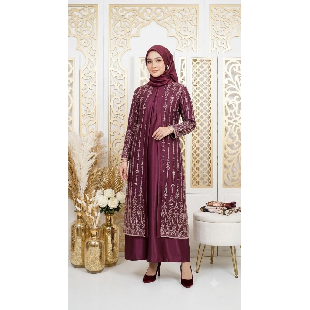 Gamis Pesta Cantik - Gamis Satin Mix Tile - Dress Pesta Cantik  - Dress Satin Mix Tile Seragam  - Dr