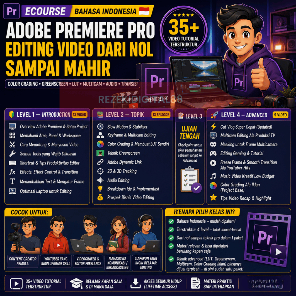 (152) Ecourse Adobe Premiere Pro Bahasa Indonesia – Editing Video dari Nol sampai Mahir + Color Grad
