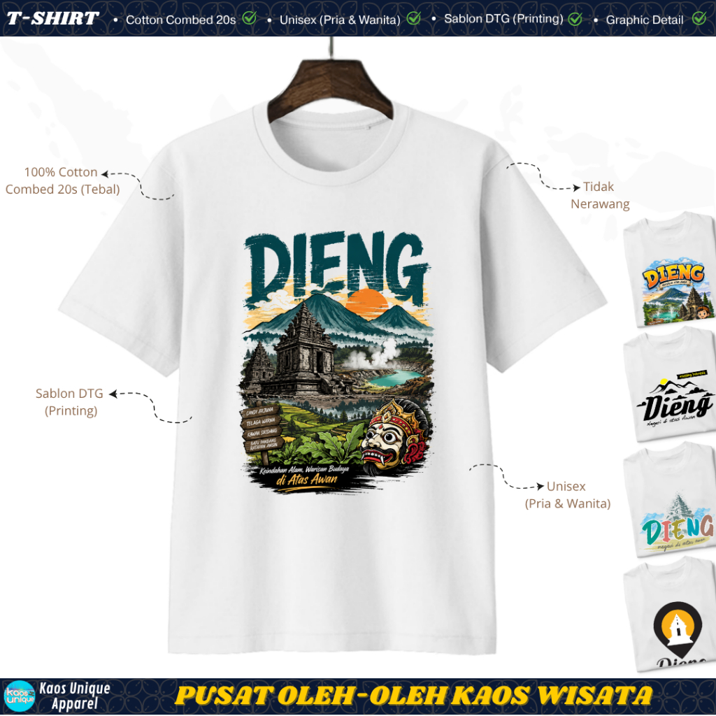 Kaos Oleh-Oleh DIENG Jawa Tengah | Putih Premium Cotton Combed 20s Tebal | Lembut Adem Nyaman Dipaka