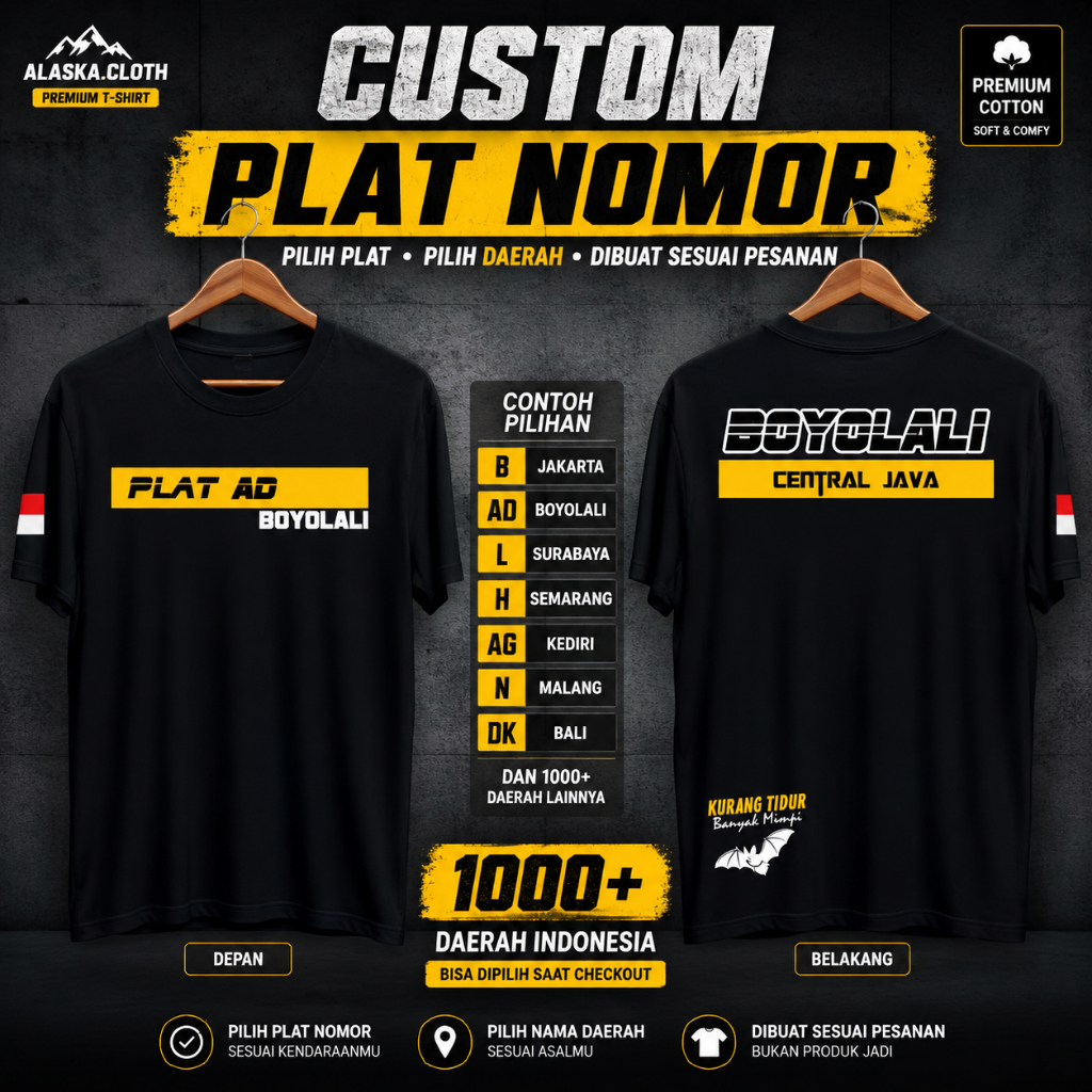 Kaos Plat A Provinsi Banten, Kaos Plat A Tangerang, Cilegon, Lebak, Serang, Pandeglang Bahan Cotton 