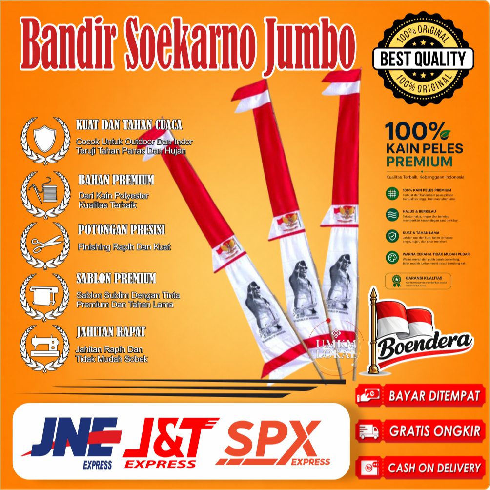 Bandir Soekarno Jumbo Kain Peles Premium Merah Putih Motif Patung, Kuat Tahan Cuaca