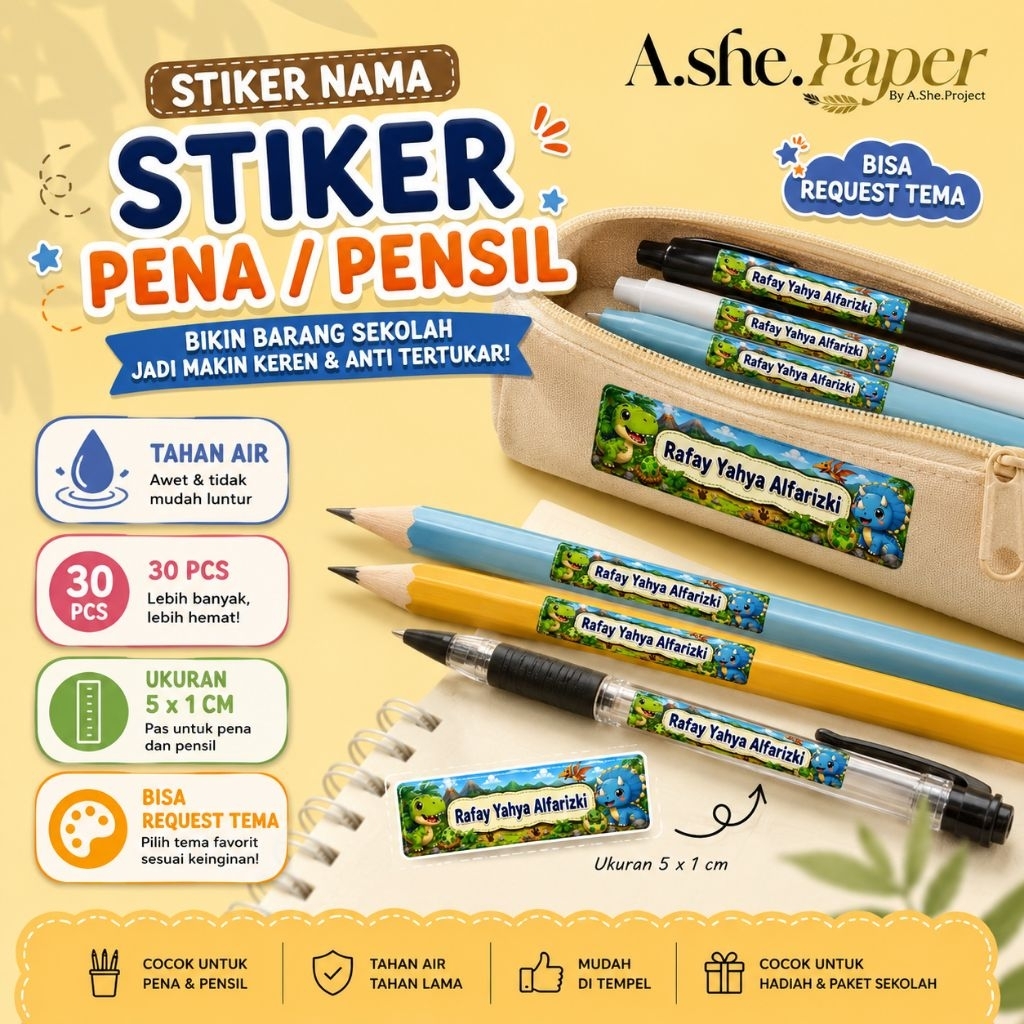 Stiker Nama Pensil & Pena Custom | Tahan Air | 50 PCS | Label Nama Anak |