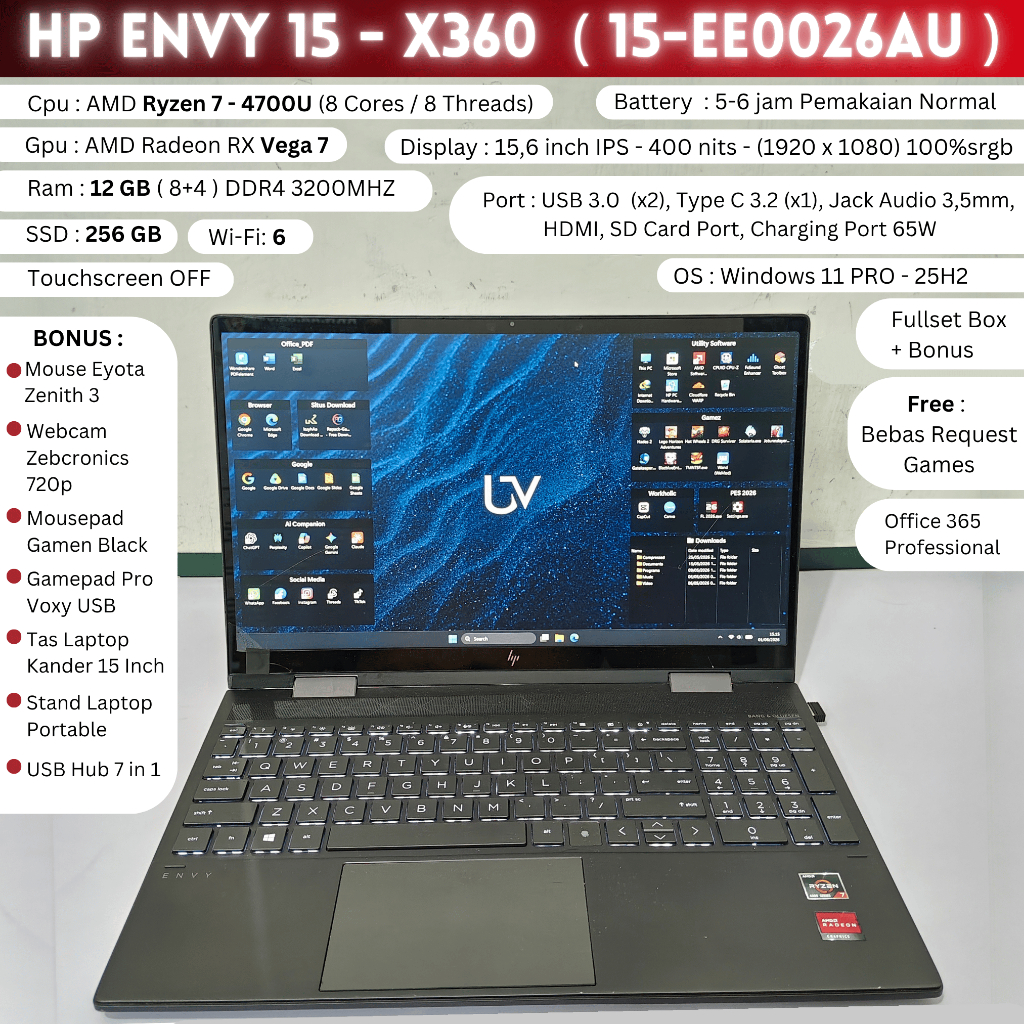 HP ENVY x360 15-ee0026AU - Ryzen 7 4700u, 12GB Ram, 256GB SSD + Bonus Banyak
