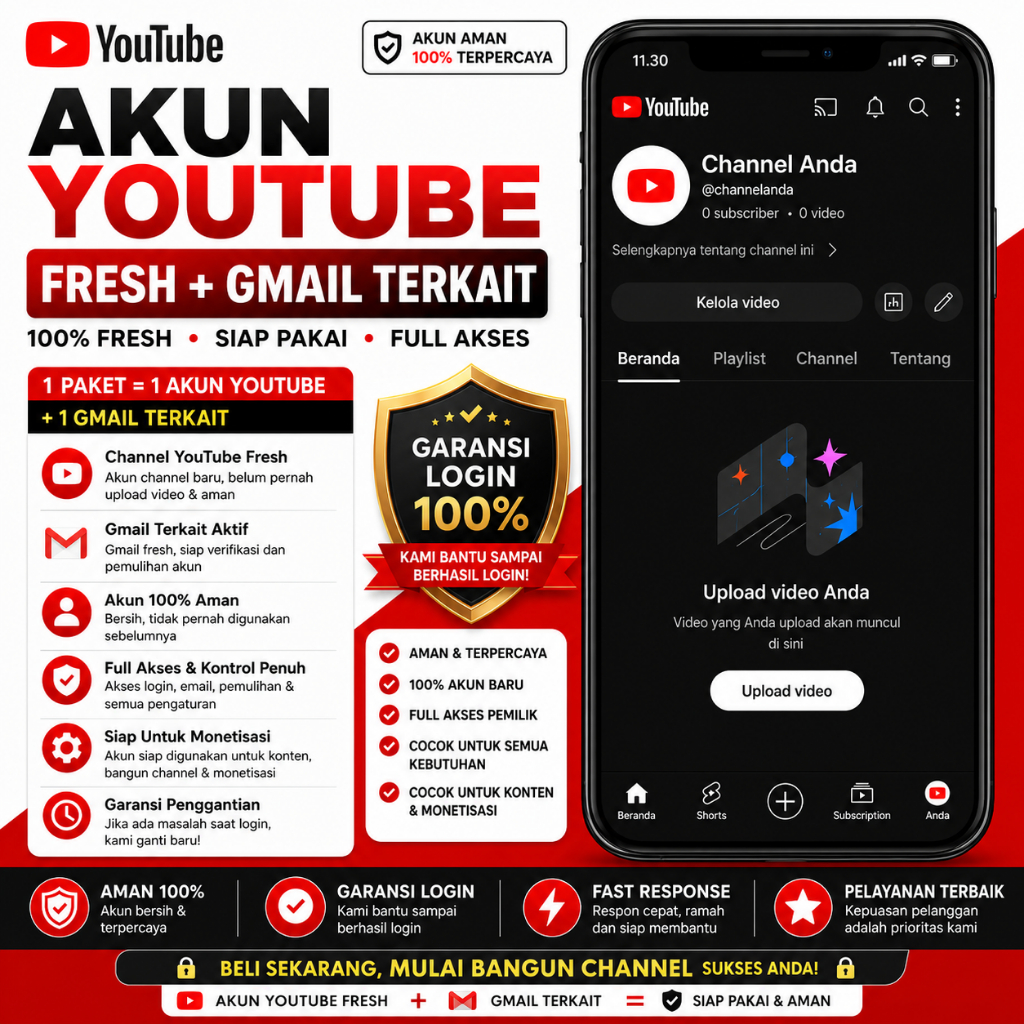 AKUN YOUTUBE FRESH 0 SUB + GMAIL FRESH PERMANEN | FULL AKSES | SIAP PAKAI | GARANSI LOGIN