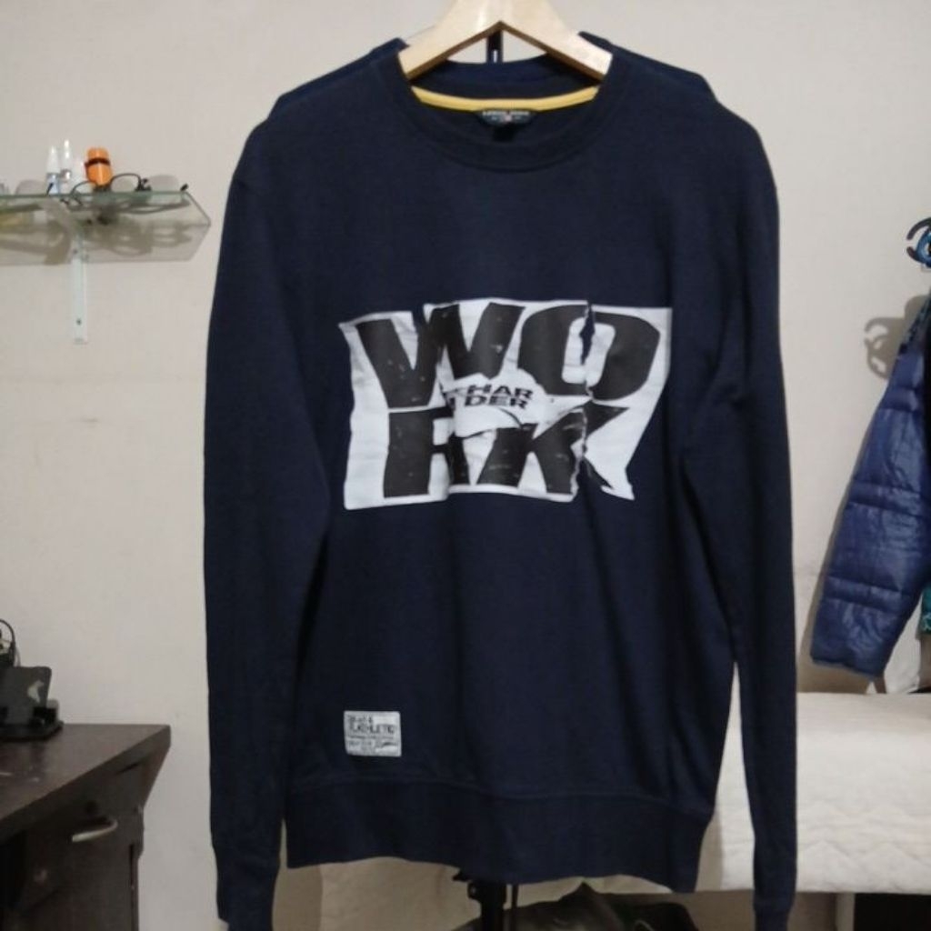 Kaos oblong Crewneck Sweatshirt bahan katun Jersey tebal warna navy pekat kerah kencang ATHLETIC sec
