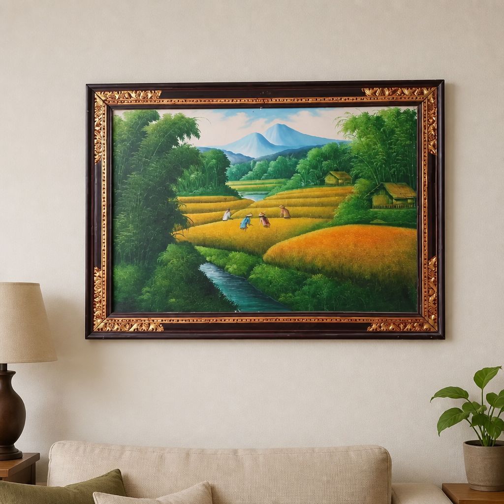 Lukisan Pemandangan Sawah / Bunga / Abstrak / Ikan / Air Terjun Bali Ukuran Besar (Termasuk Bingkai)