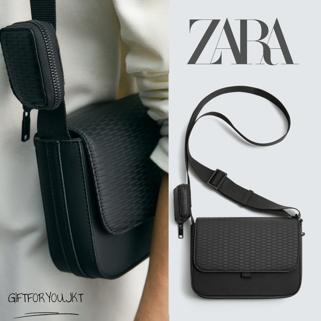 Tas Pria Zara Rubberised Textured Crossbody Bag With Coin Purse Black Hitam Original Cowok Pria Man 