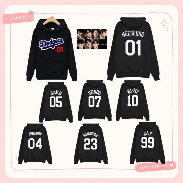 Hoodie enhypen Dodgers Black - Custom Nama Member Heeseung Jay Jake Sunghoon Sunoo Jungwon Ni-ki Kpo