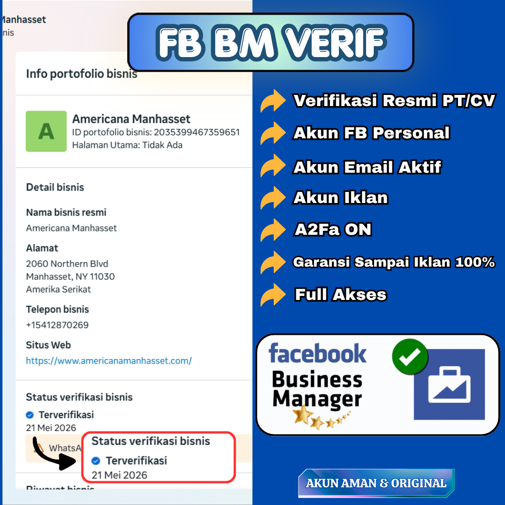 BM (BUSINESS MANAGER) VERIF RESMI PT + AKUN FACEBOOK SIAP IKLAN