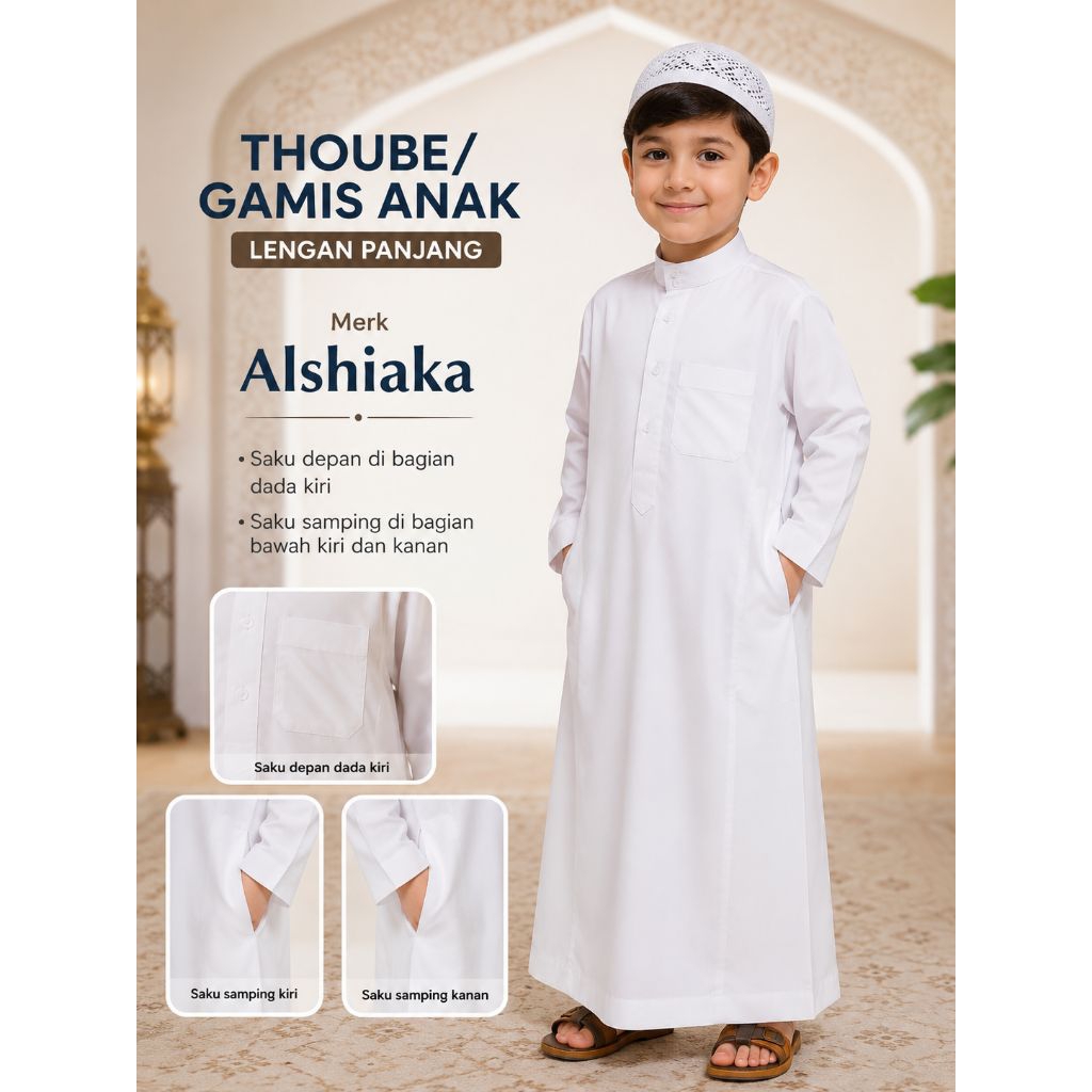 Gamis Lengan Panjang Anak  Alshiaka Premium With Box / Thoube Alshiaka Anak Ori KSA PREMIUM