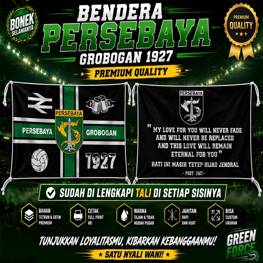Bendera Persebaya Custom Premium, bahan kain tetron Kain Tetron