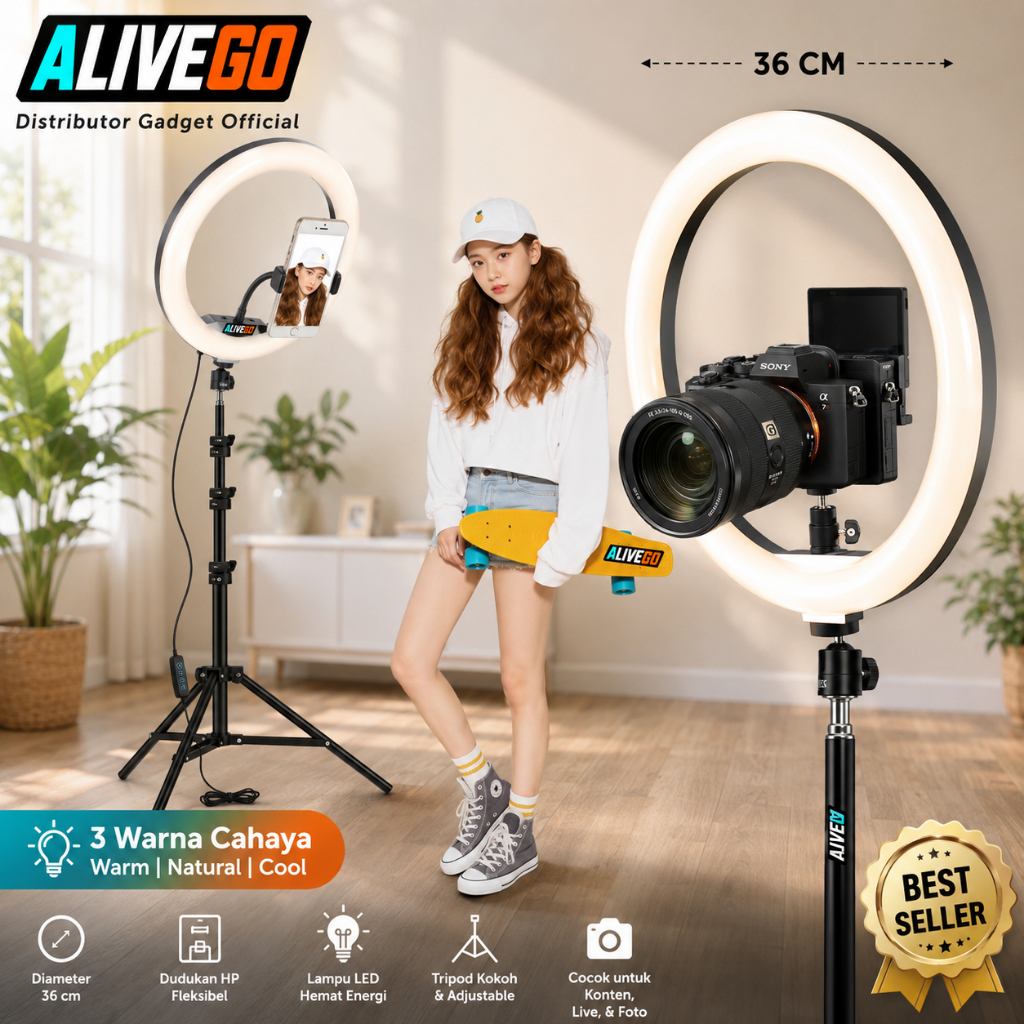 PAKET RING LIGHT BESAR 46CM + TRIPOD 2M Lampu Rias Make Up Vlog Video Studio 36cm Holder Kamera Hand