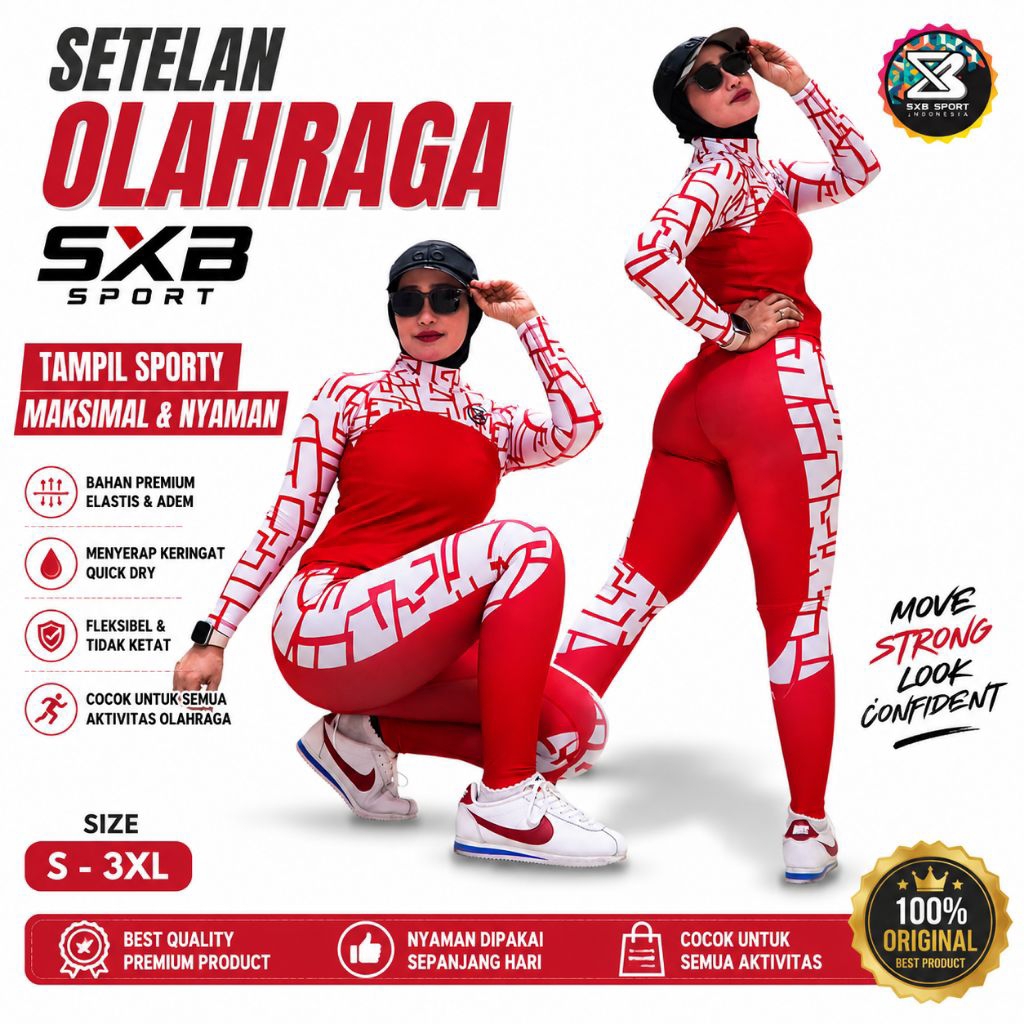 setelan olahraga baju senam   SXB SPORT DIAGONAL MERAH PUTIH