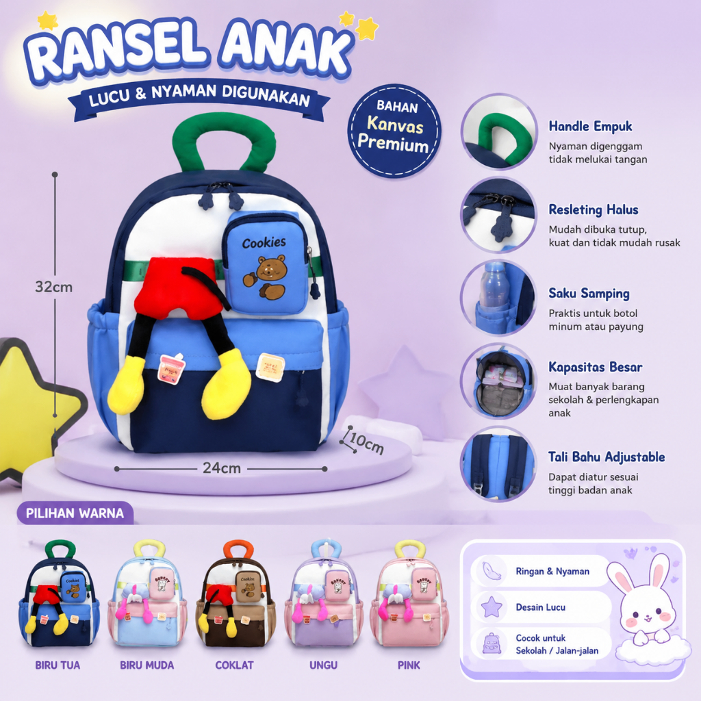 Tas ransel punggung backpack Backpak anak sekolah paud tk sd balita perempuan laki cewek cowok lucu karakter boneka beruang kelinci warna pastel Bakery Cookies aesthetic waterproof anti air ringan premium terbaru buat jalan multifungsi kado ultah murah