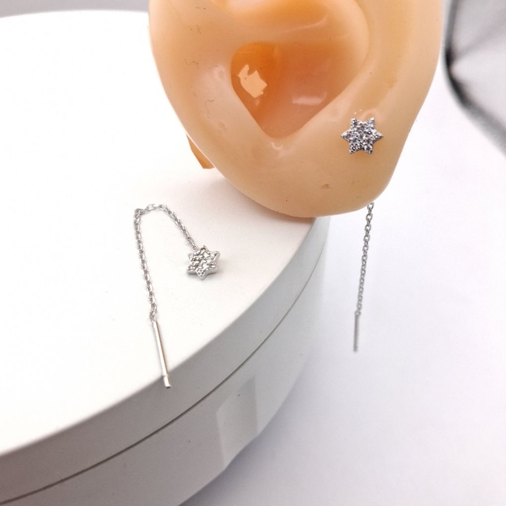 Anting Perak 925 Asli Model Jarum Rantai Lapisan Emas Putih - Anting Panjang Tusuk Sterling Silver