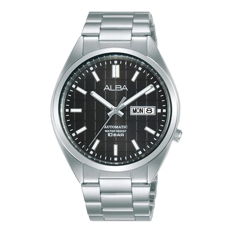 Jam Tangan Pria Alba AL4327 AL4327X1 Mechanical Automatic Black Patterned Dial Color Hitam Stainless