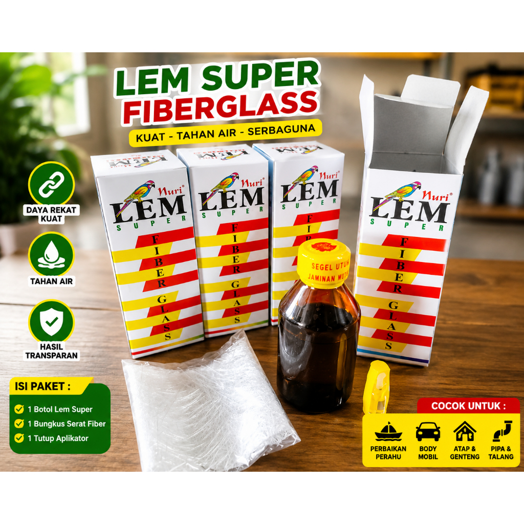 Lem Super Fiberglass Nuri 1 Set Lengkap | Lem Fiber + Serat Fiber + Tutup Aplikator | Kuat Tahan Air