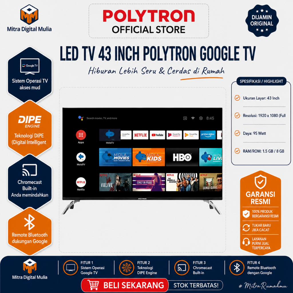 Polytron PLD-43RG9059 Smart Cinemax Google TV 43 Inch Full HD Dolby Audio Hands-free Voice Control M