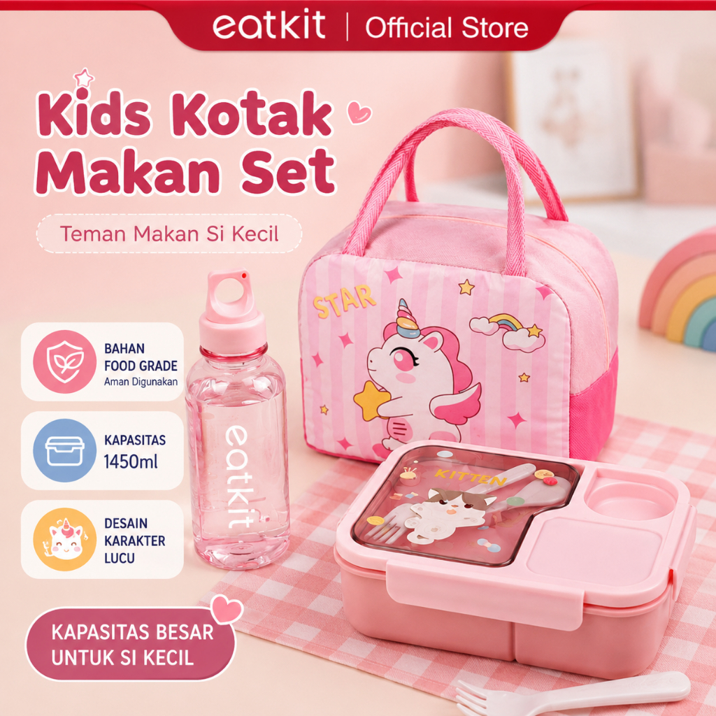 Eatkit Kotak Makan Siang Anak 1450ml Lunch Box Microwaveable Dengan Kotak Saus 3 Sekat BPA Free