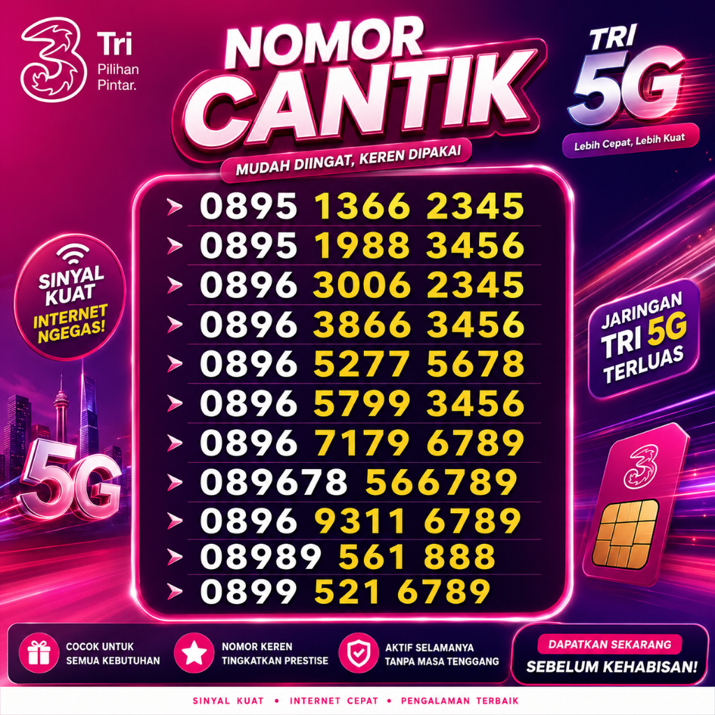 Nomor Cantik Tri Nocan Nomer Three 99999 88888 77777 11111 22222 33333 44444 55555 66666