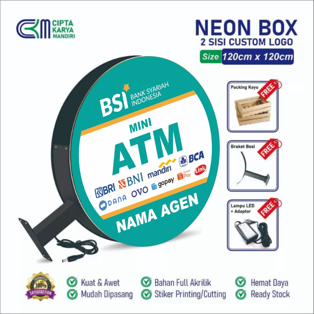Neon Box BSI Full Akrilik, Free Custom Nama, Siap Pasang