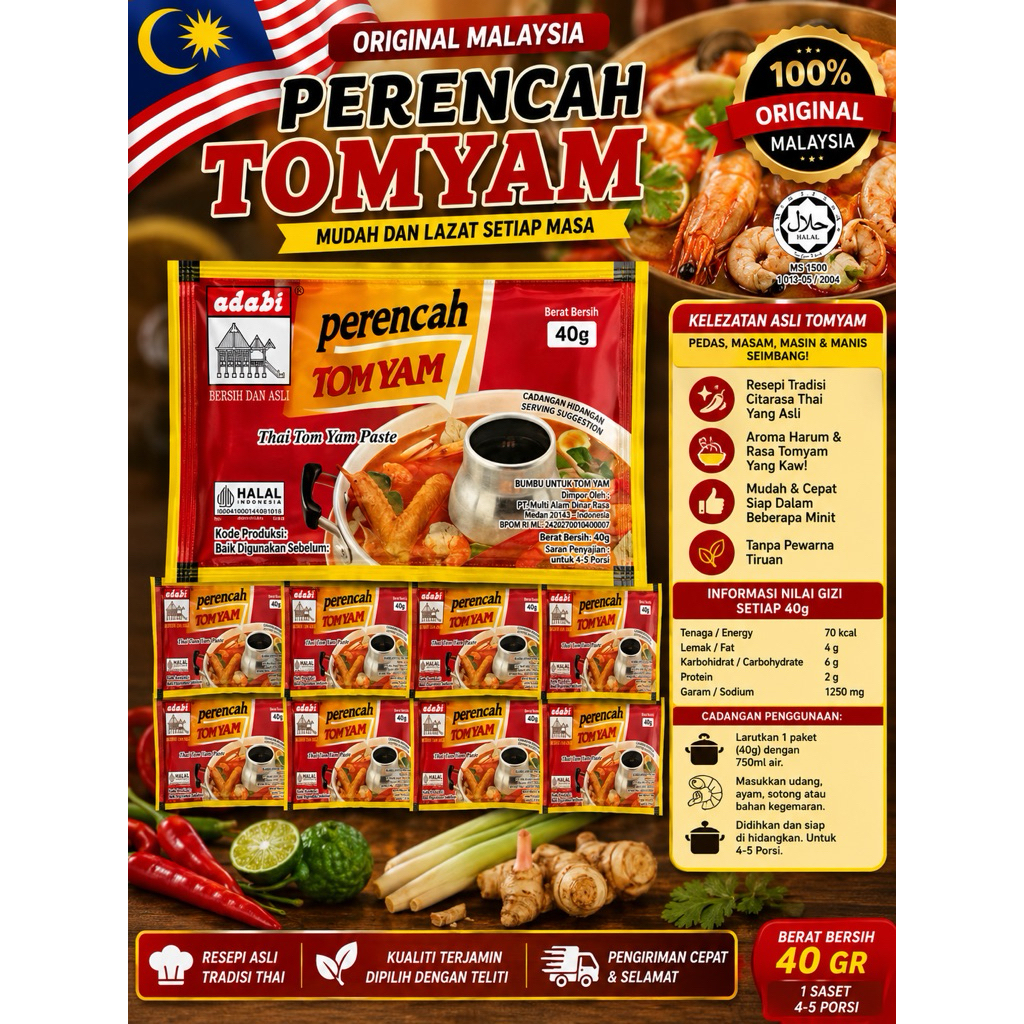 PERENCAH ADABI TOMYAM MALAYSIA 40 GR - BUMBU TOMYAM MALAYSIA - REMPAH TOMYAM MALAYSIA - TOMYAM ADABI