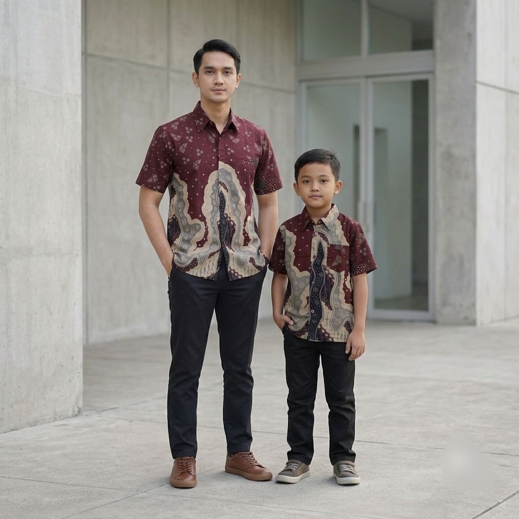 Batik Ayah Anak Laki Laki Burgandi Untuk Usia 3-10 Tahun Bahan Katun - Fatih Batik Medan
