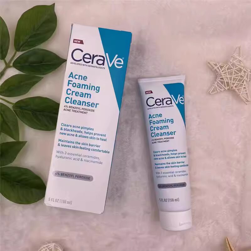 CeraVe Acne Foaming Cream Cleanser 150ml Developed 4% Benzoyl Skin Barrier Cleanser with Ceramide fo