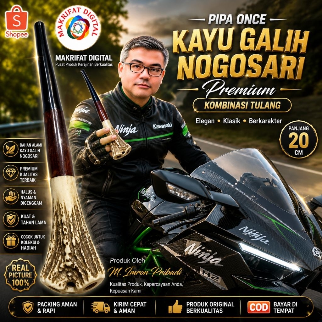 MAKRIFAT DIGITAL | Pipa Once Kayu Galih Nogosari Premium Kombinasi Tulang Panjang 20 cm