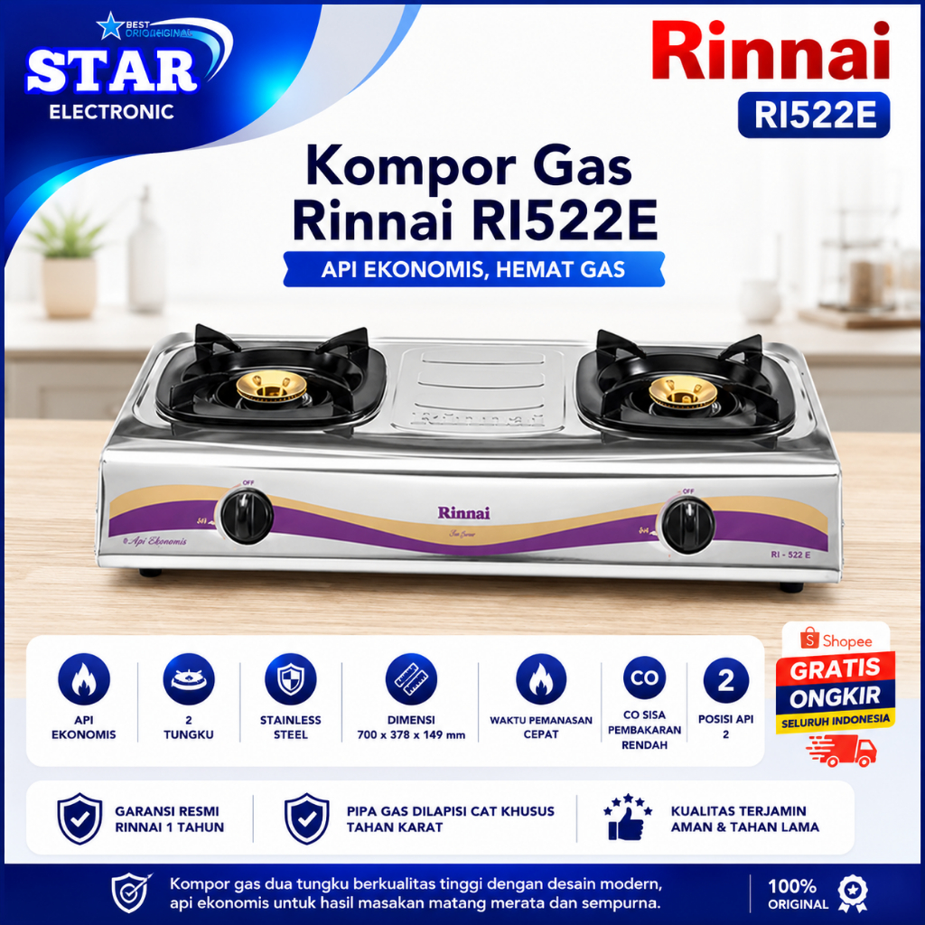 RINNAI KOMPOR GAS 2 TUNGKU RI 522E/RI522E/RI-522E/RI 522E/RINNAI KOMPOR GAS 2 TUNGKU API EKONOMIS