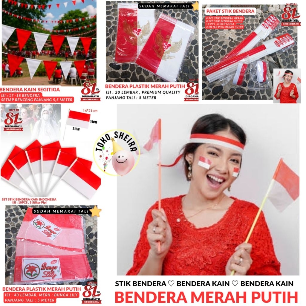 Bendera Merah Putih Indonesia Stiker Muka Bendera Kain Plastik Bunga Lily Semar Garuda Stik Bendera 